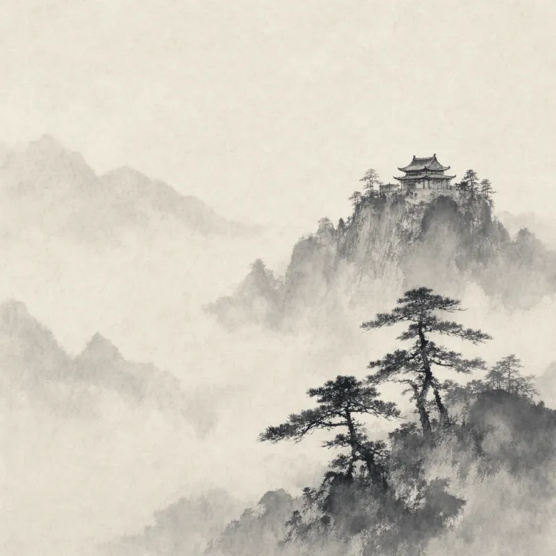 霧の中の古代の水墨寺院