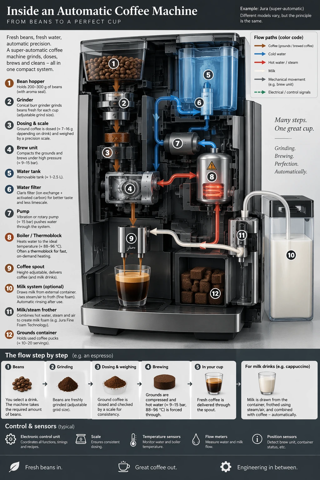 Infographie technique expliquant une machine à café automatique
