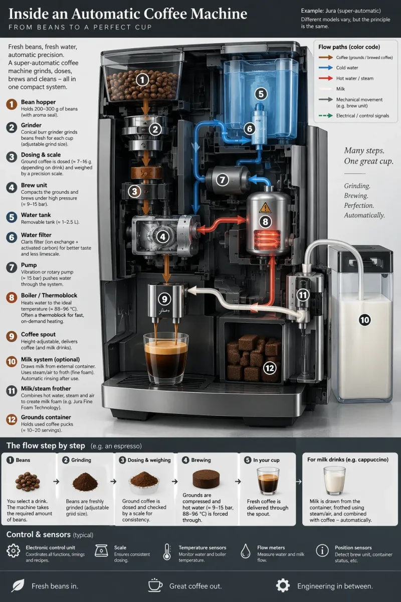Sunburst technical infographic explaining an automatic coffee machine