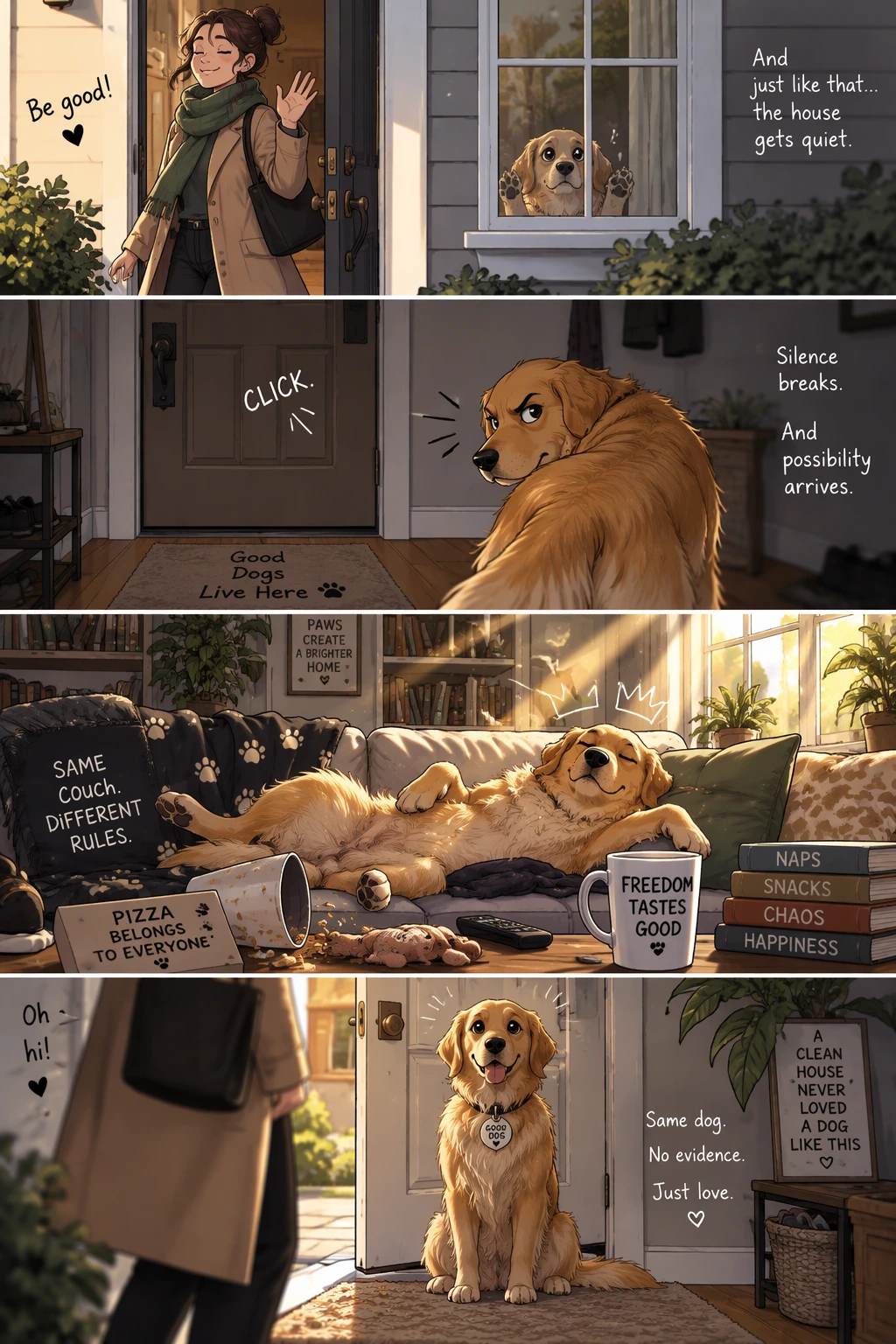 Bande dessinée en quatre cases sur un animal resté seul à la maison