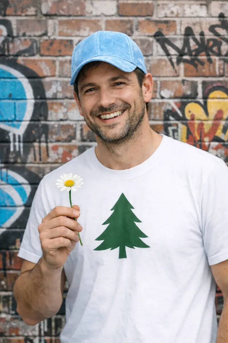 Original portrait of a man with a flower in the foreground