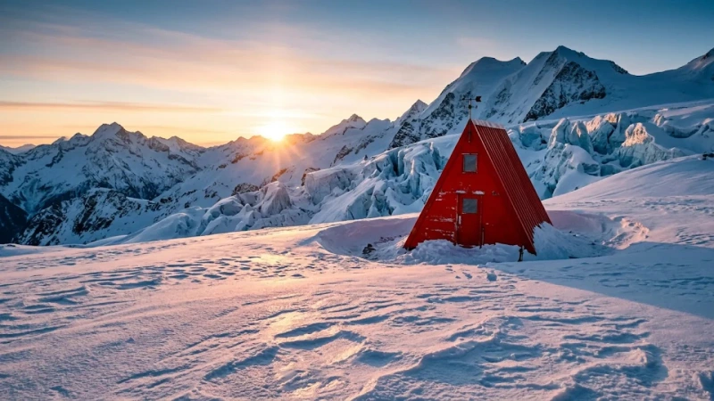 Nano Banana 2.1: Rote Alpenhütte bei Sonnenaufgang