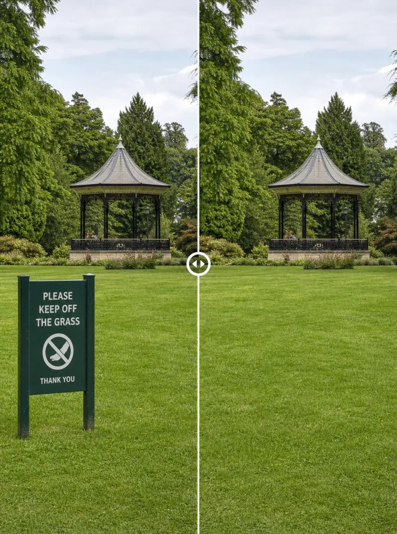 Vorher/Nachher: Schild vom Rasen entfernt