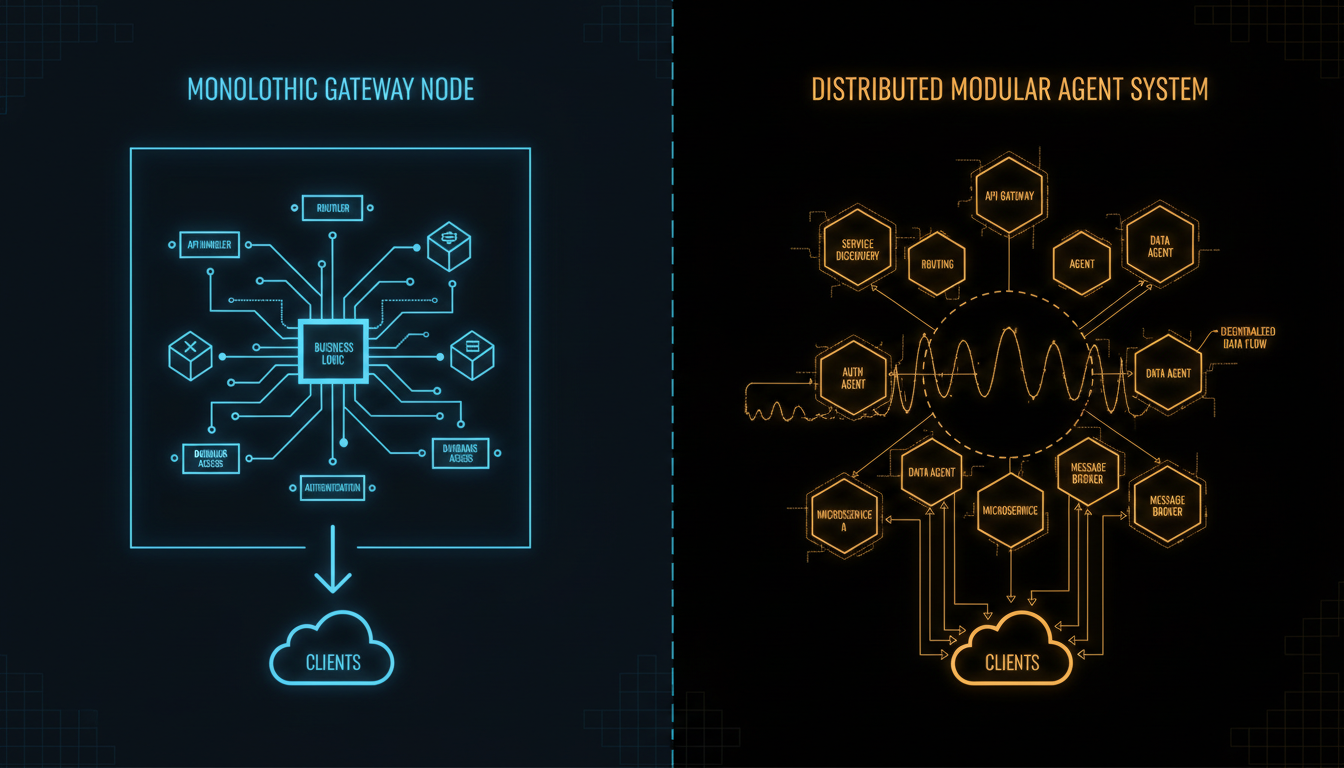 Monolithic gateway vs distributed agent architecture comparison diagram