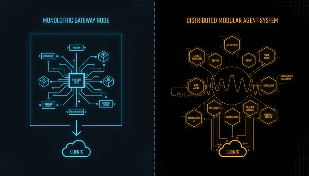 Monolithic gateway vs distributed agent architecture comparison diagram