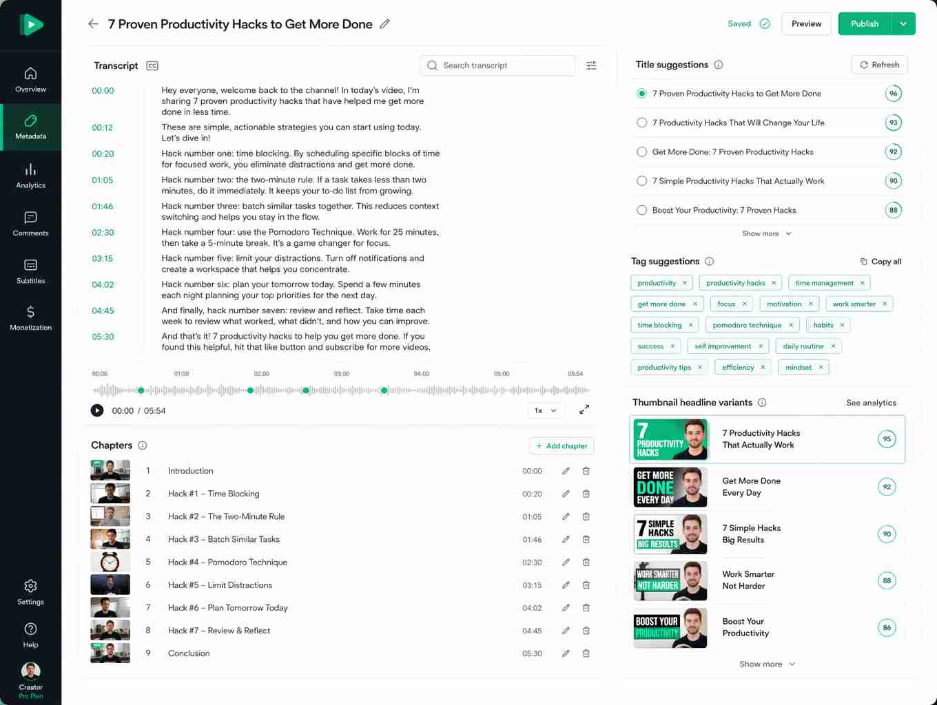 Video metadata pack