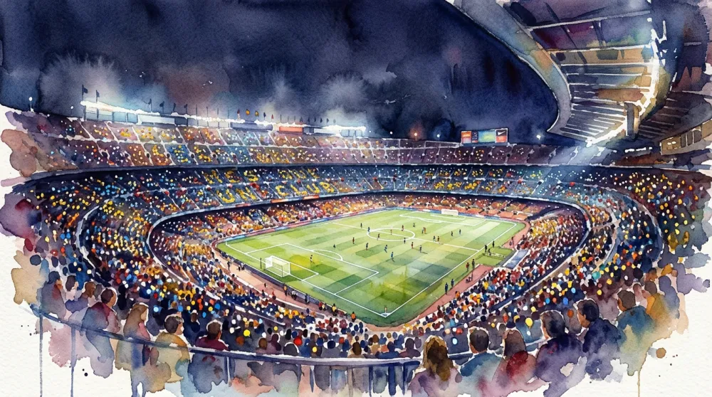 AI generated watercolor painting football stadium at night