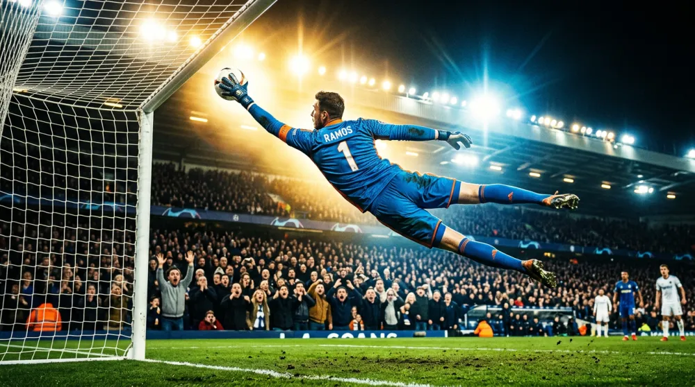 AI generated goalkeeper diving save cinematic sports photography