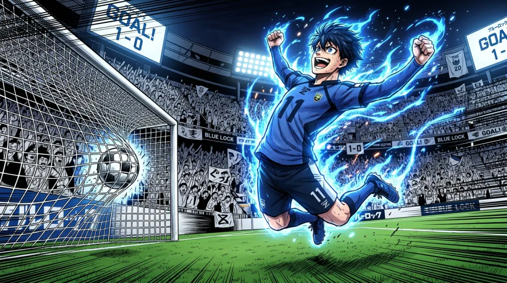 AI generated anime football goal celebration Blue Lock style