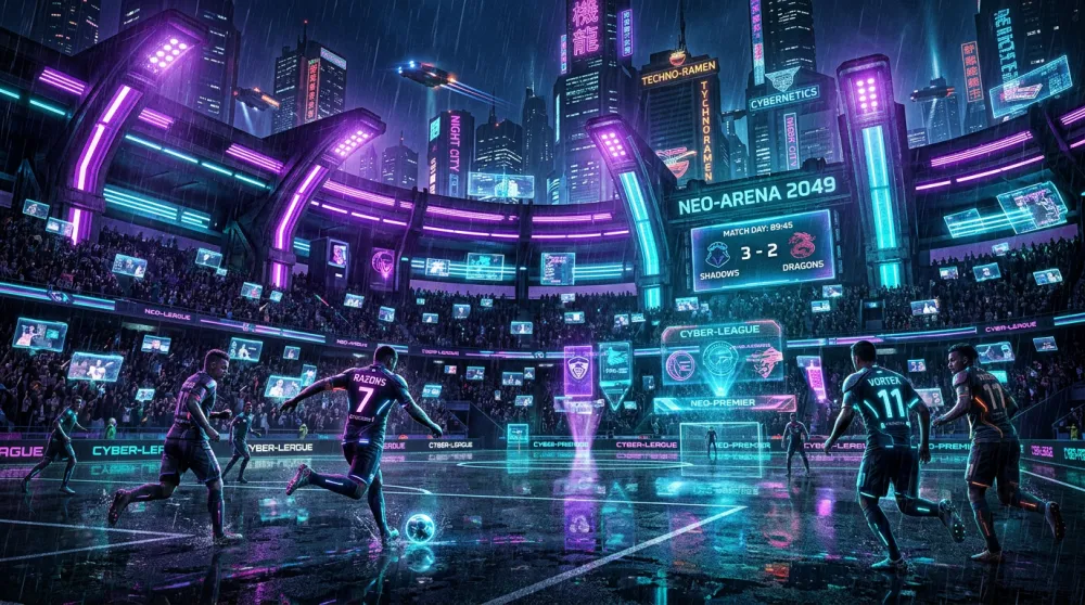 AI generated cyberpunk football stadium neon blade runner