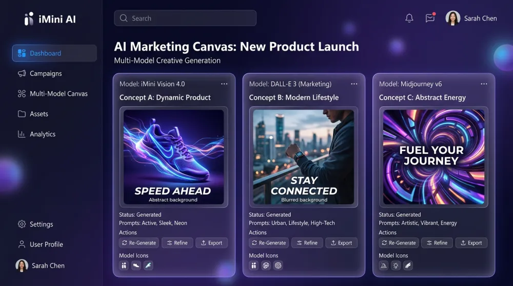 iMini AI multi-model canvas showing Codex AI campaign visual generation side by side for marketing teams