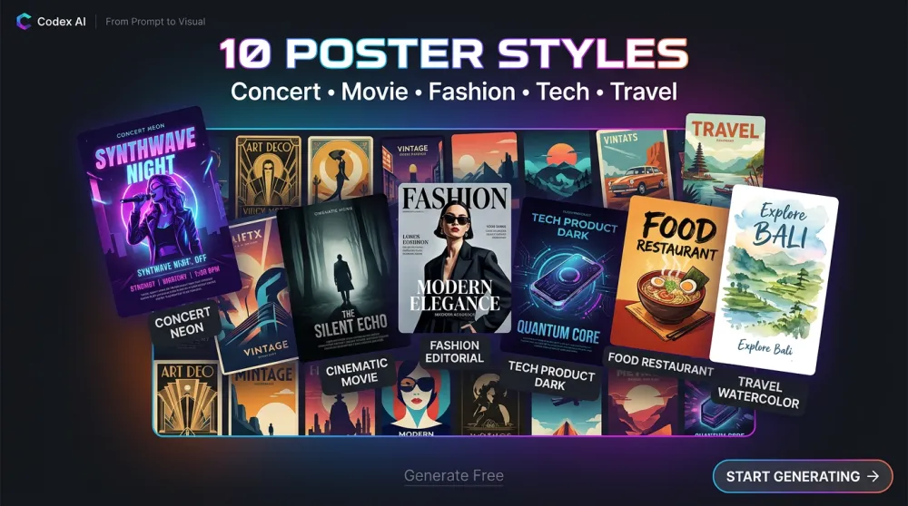 Gallery showcase of multiple Codex AI poster design styles including concert, movie, fashion and tech
