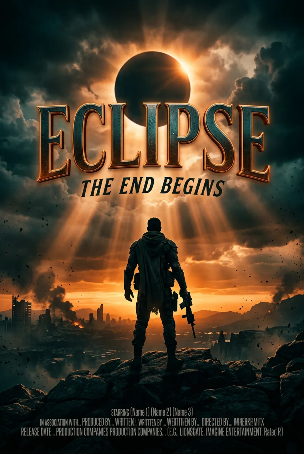 Codex AI generated cinematic movie poster with hero silhouette against dramatic orange and teal sky