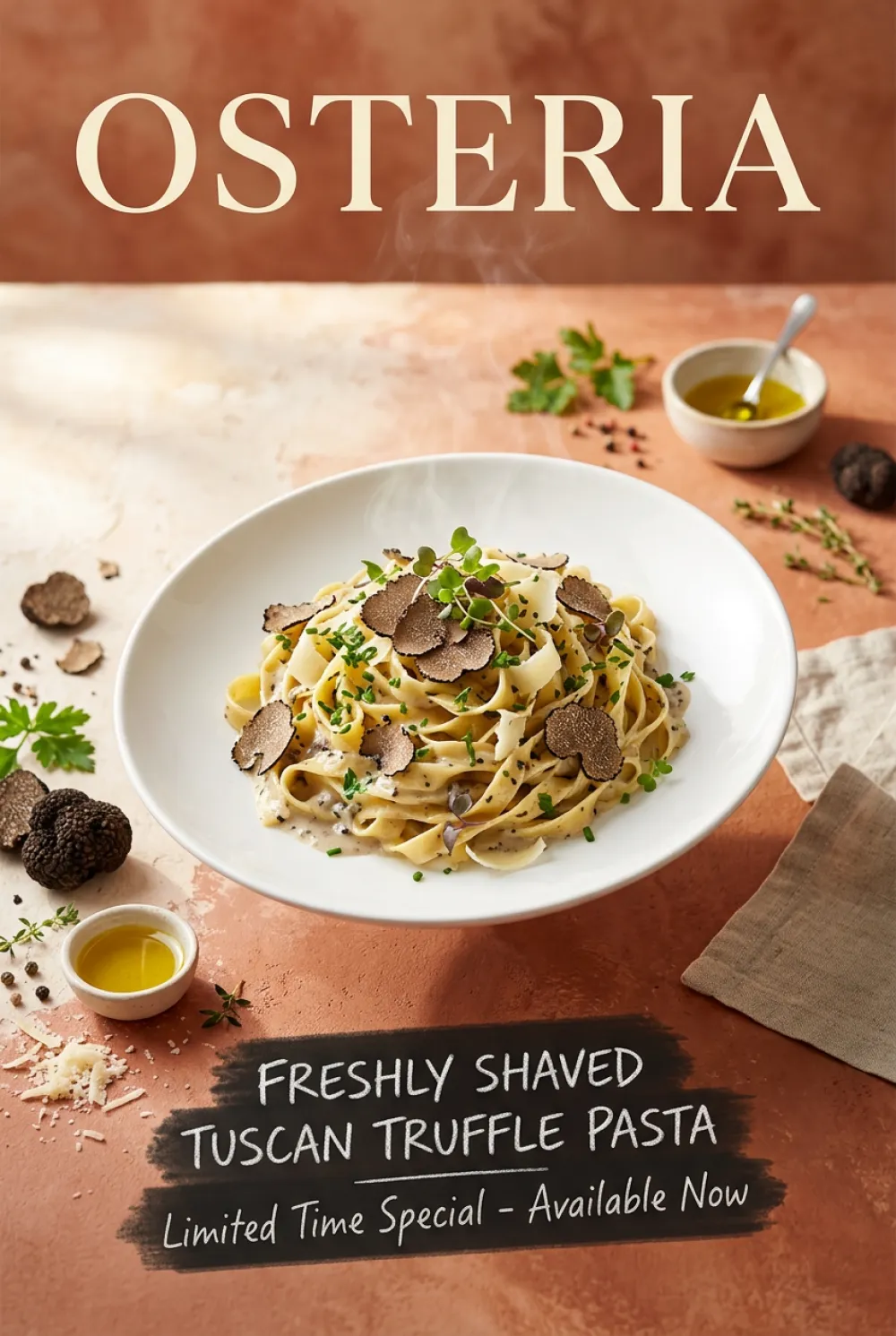 Codex AI generated gourmet food restaurant promotional poster with warm amber tones and elegant typography