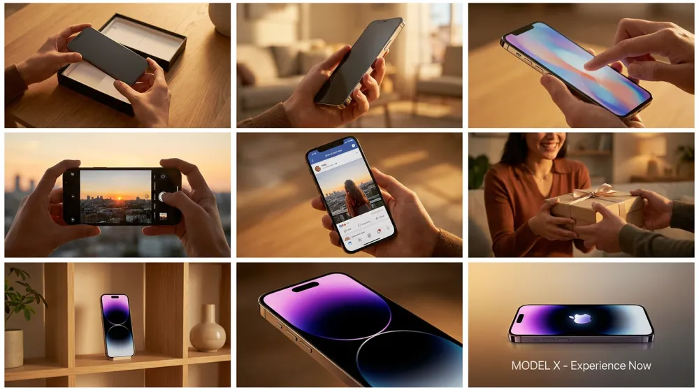 AI-generated 9-panel commercial storyboard showing a smartphone product story across multiple scenes with cinematic color grading