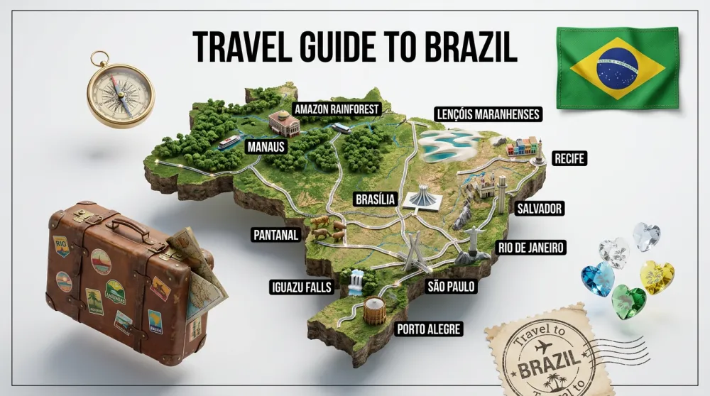 Hyper-realistic 3D travel guide infographic poster for Brazil featuring a raised terrain map with miniature landmarks and floating travel props