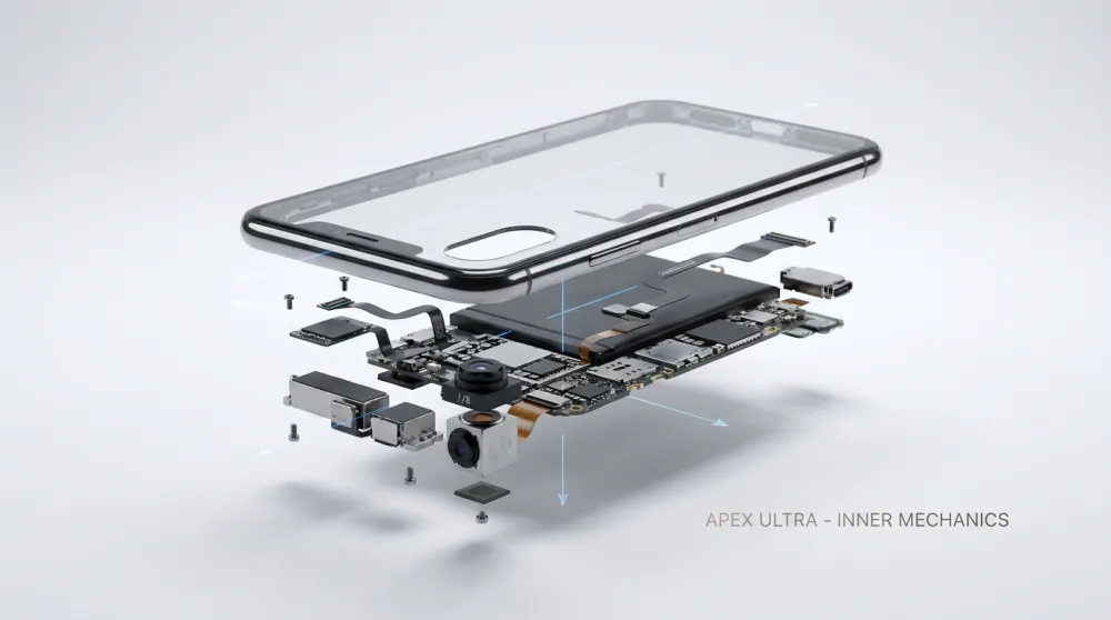 Exploded product view of a smartphone showing inner mechanics with components suspended in mid-air against a white seamless background