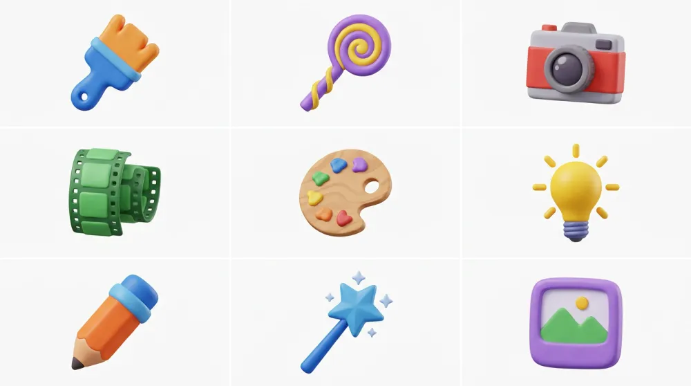 3x3 grid of colorful tactile 3D icons representing AI creative tools including paintbrush, magic wand, camera, and film strip on white background