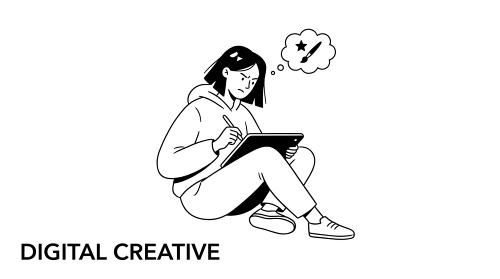 Minimalist black and white line art illustration of a creative artist woman painting on a digital tablet, in Notion editorial style with clean simple shapes