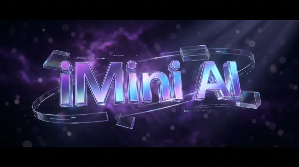 3D typographic sculpture of iMini AI brand name in holographic chrome with purple-to-blue gradient, glassmorphism effect, and floating geometric shapes