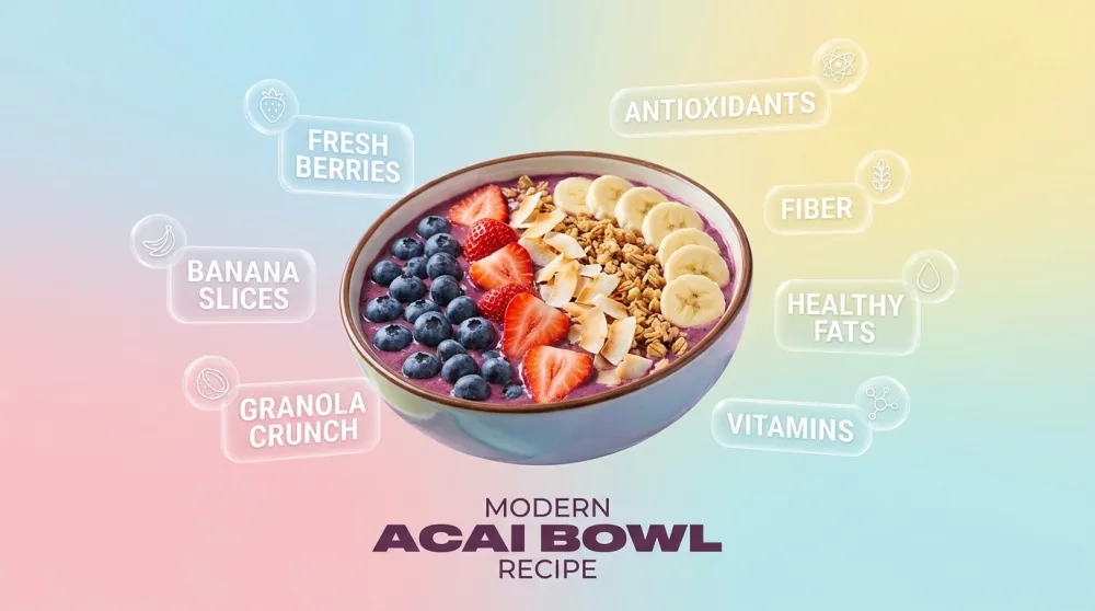 Ultra-clean modern food recipe infographic of a colorful acai bowl with floating 3D ingredient labels and nutritional facts in pastel tones