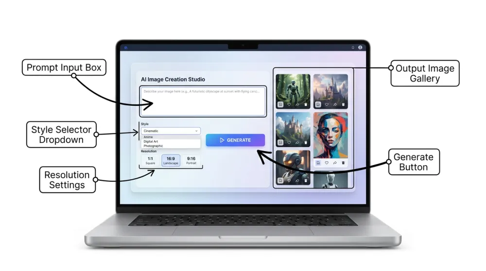 Technical infographic of an AI image generator interface on a laptop screen with ink-style annotation overlays labeling prompt input, style selector, and output gallery