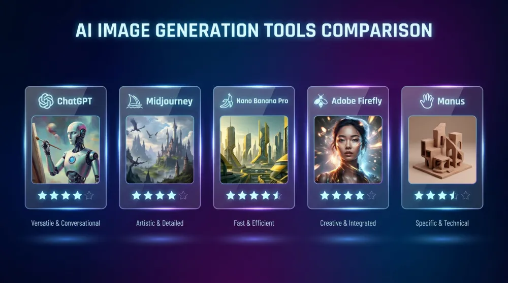 Side-by-side comparison banner of 5 AI image generation tools: ChatGPT, Midjourney, Nano Banana Pro, Adobe Firefly, and Manus, shown as glowing holographic cards