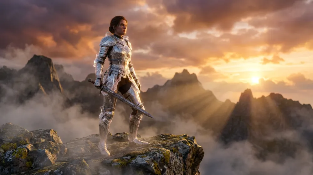 Ultra-realistic portrait of a young woman warrior in silver armor at golden hour on a misty mountain, demonstrating GPT-Image photorealistic capabilities
