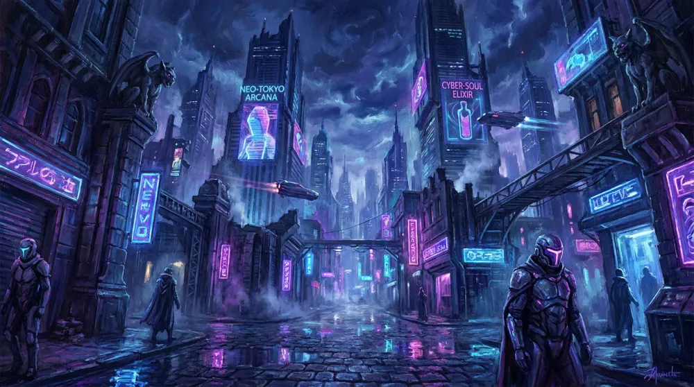 Dark fantasy cyberpunk cityscape at night with neon reflections on rain-soaked streets and towering holographic skyscrapers, showcasing Midjourney artistic illustration style