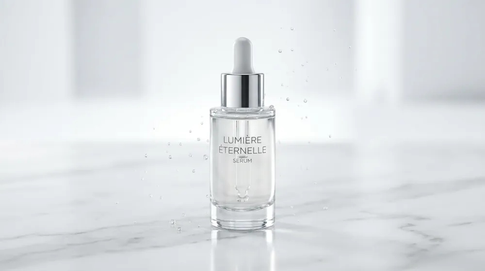Professional commercial product photography of luxury skincare serum bottle on white marble with crystalline liquid drops, showcasing Adobe Firefly commercial photography style