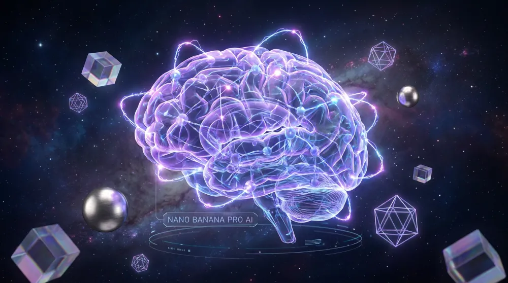Futuristic AI neural network brain rendered in 3D with glowing purple-blue energy streams, generated by Nano Banana Pro demonstrating its sci-fi visualization capability