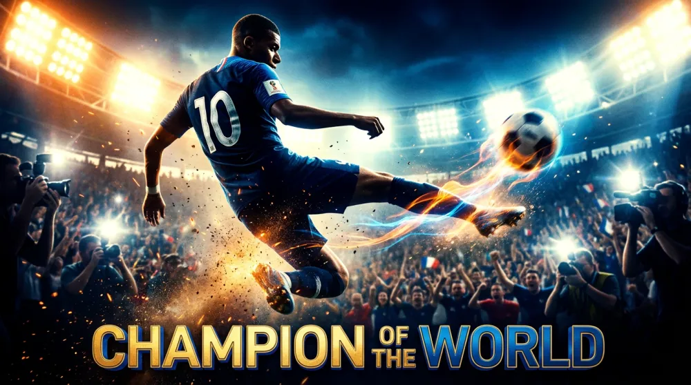 Epic cinematic movie-style soccer poster showing a player in a dynamic mid-air kick with stadium lights blazing, energy particles, and a World Cup 2026 atmosphere