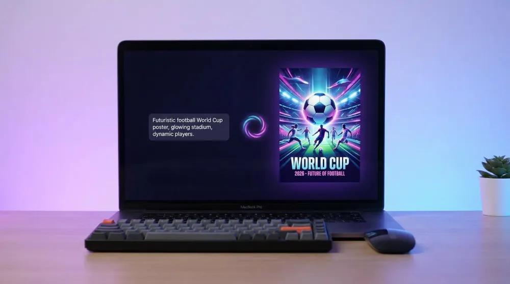 Modern laptop screen displaying an AI image generation interface with a World Cup soccer poster being created, showing prompt input and generation progress