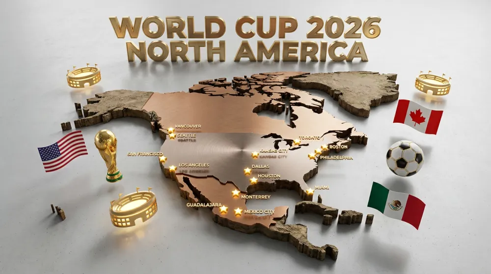 3D infographic map of North America showing FIFA World Cup 2026 host cities in USA, Canada, and Mexico with golden star markers and a floating World Cup trophy