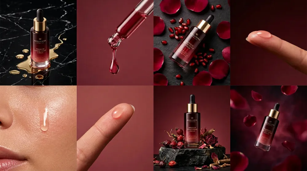 Luxury skincare campaign visuals generated with Codex AI — editorial product photography collage in crimson and marsala palette