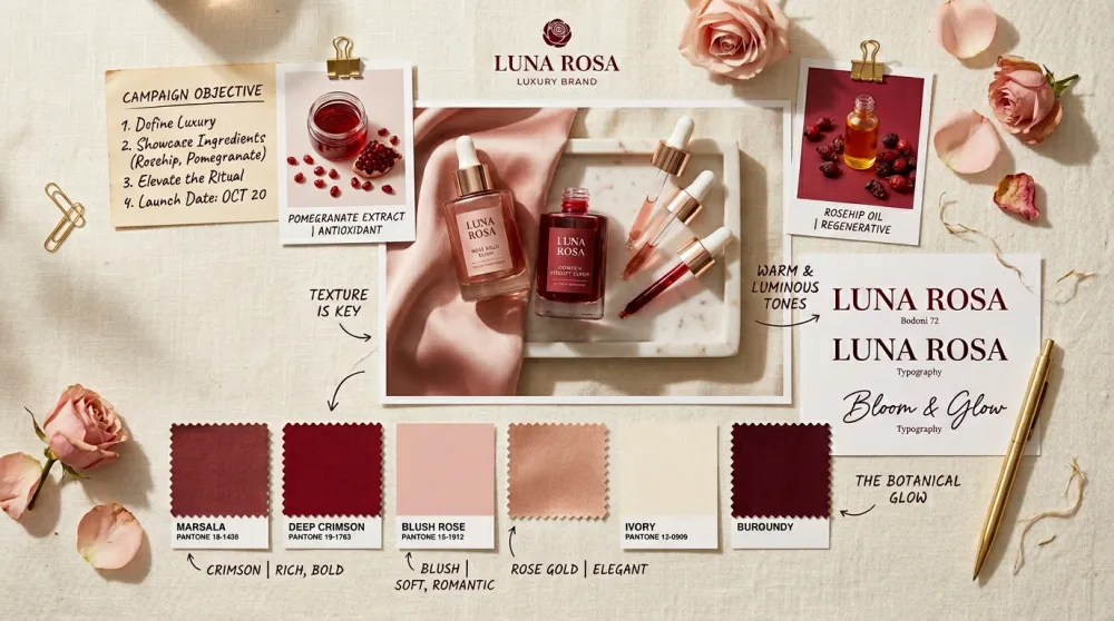 Luxury skincare campaign creative brief mood board with color swatches, product references and ingredient close-ups