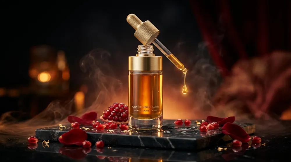 Codex AI generated luxury serum hero campaign image with pomegranate and rose petals on dark marble, crimson tones