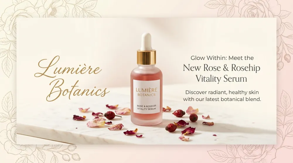 Codex AI generated luxury skincare email newsletter header banner with botanical elements on cream marble background
