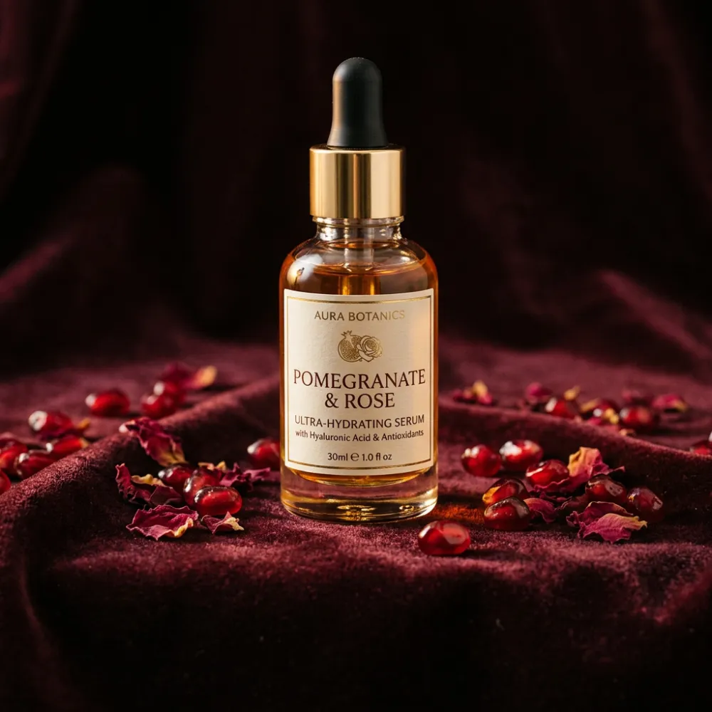 Codex AI generated square Instagram post with luxury serum on dark velvet, pomegranate seeds and rose petals