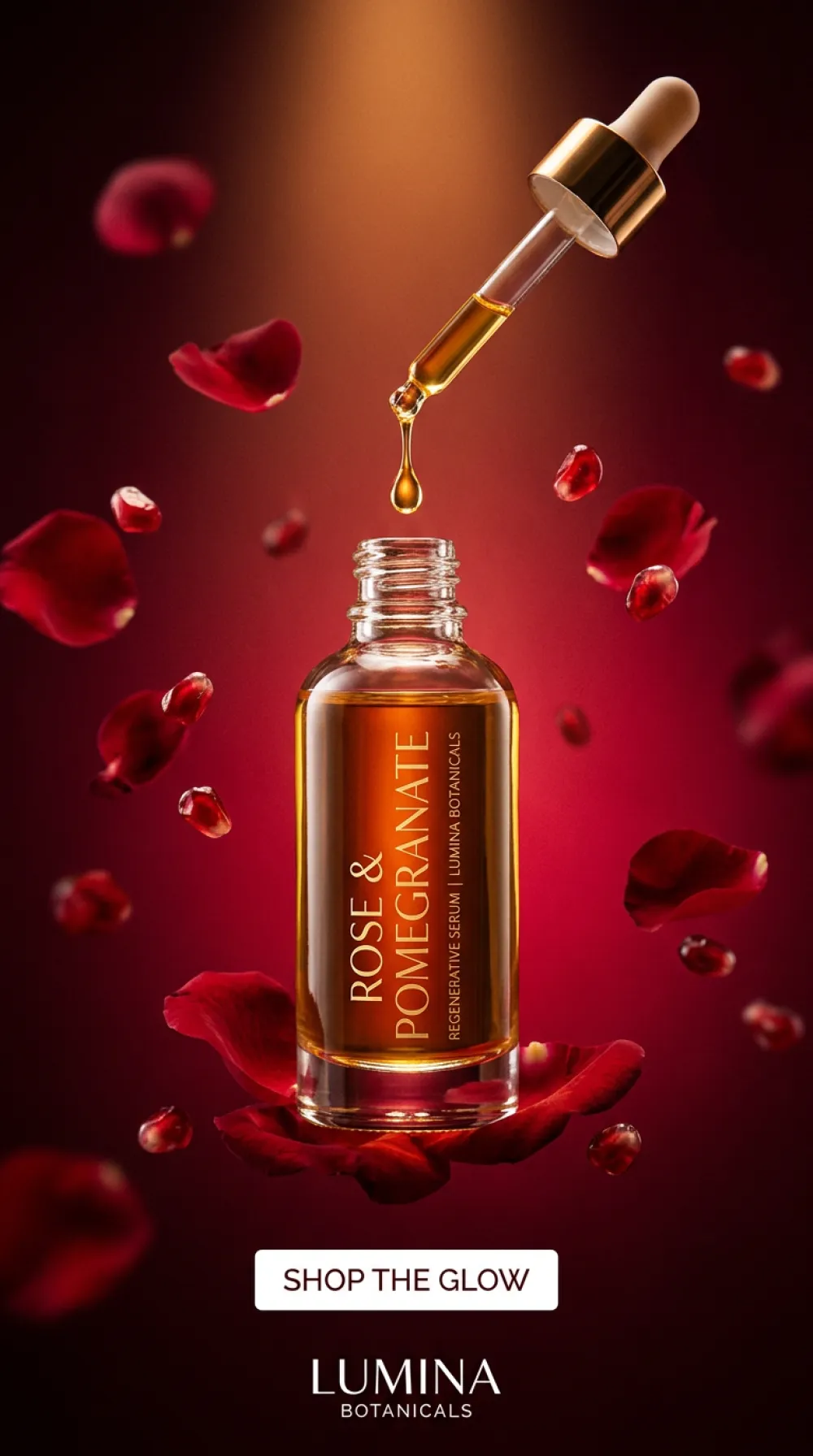 Codex AI generated vertical 9:16 Instagram Stories luxury skincare serum campaign in deep crimson atmospheric tones