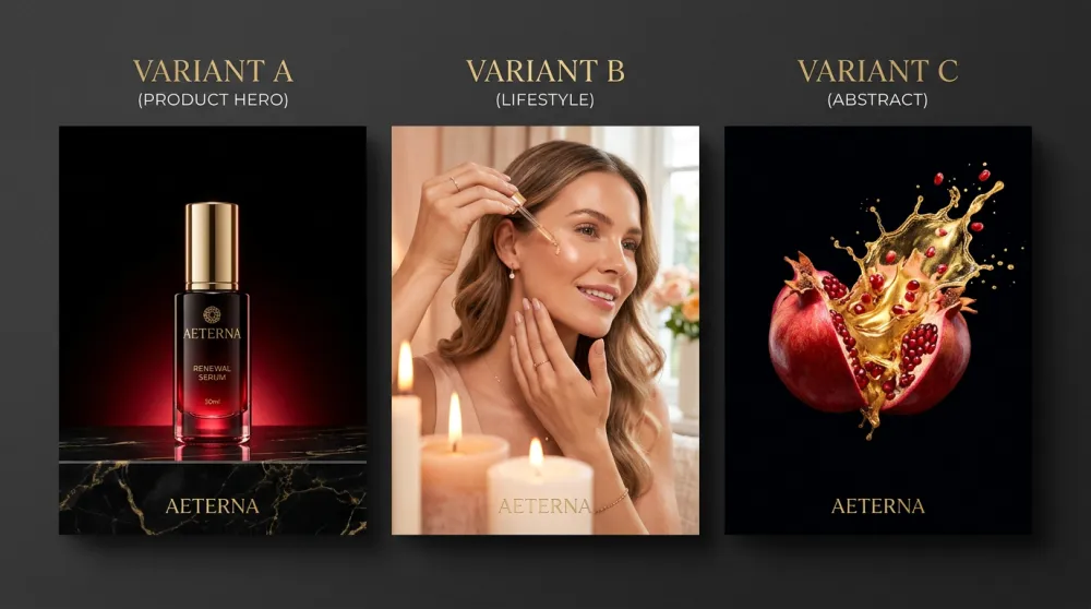 A/B testing comparison of three luxury skincare campaign visual variants: product hero, lifestyle hands, and abstract pomegranate burst