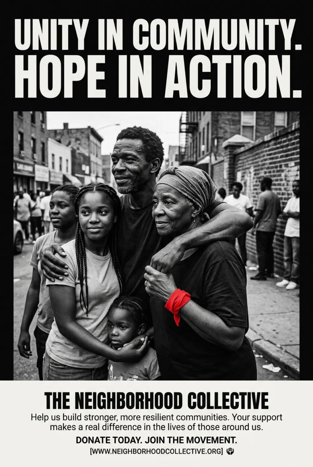 Codex AI generated non-profit charity campaign poster with documentary black and white photography and bold headline