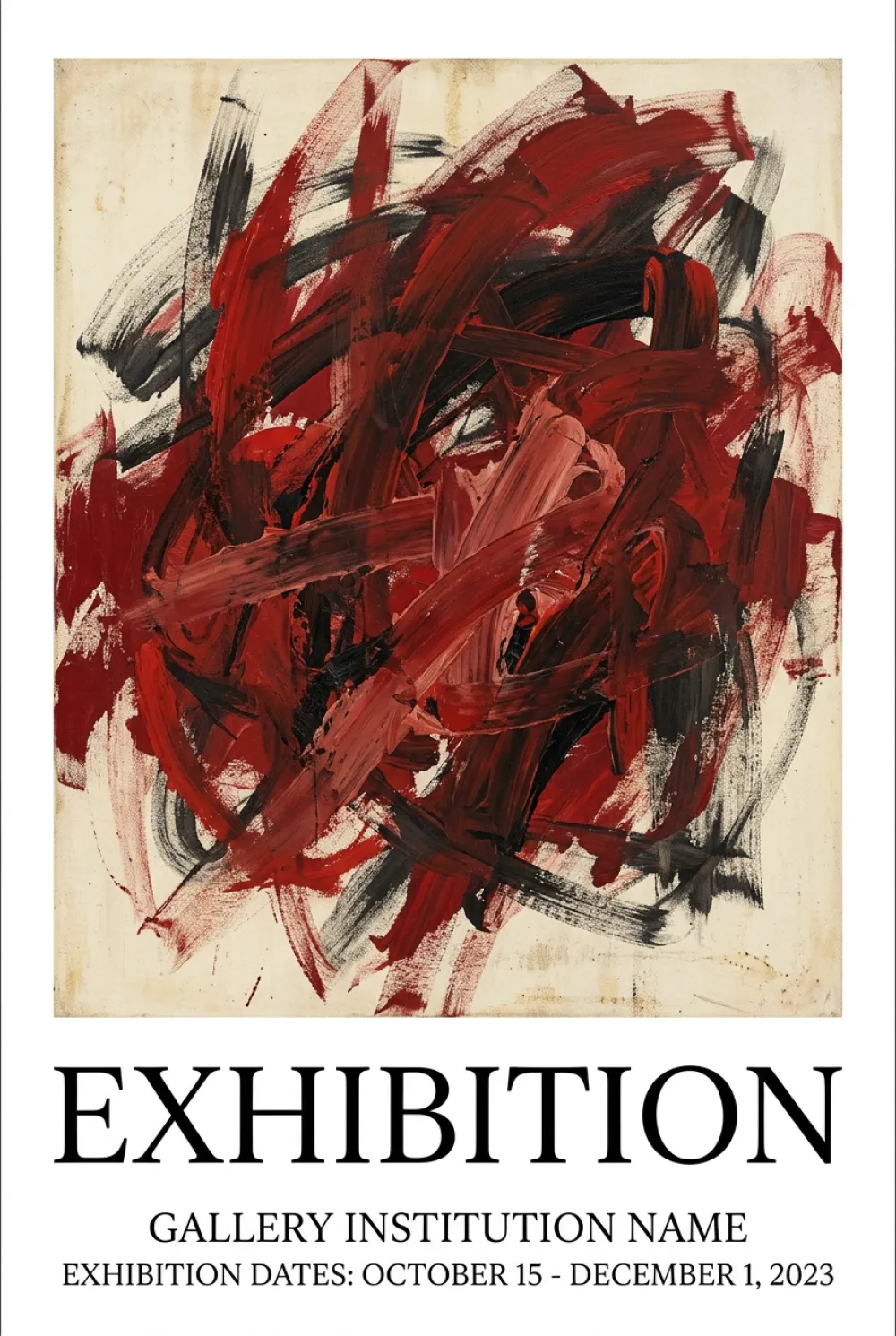 Codex AI generated contemporary art exhibition poster with bold expressionist brushstrokes in deep red and black on cream