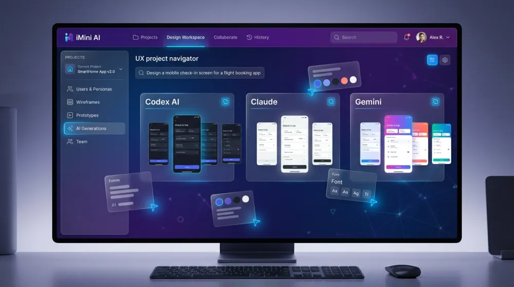 Codex AI and iMini AI UX design workflow dashboard with multi-model comparison canvas