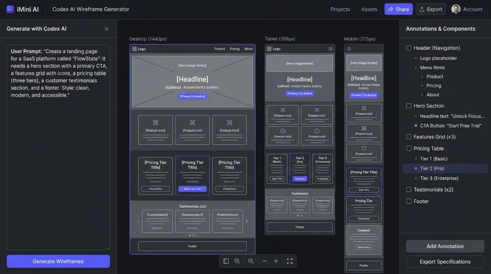 Codex AI generated UI wireframe screens for desktop, tablet and mobile with component annotations