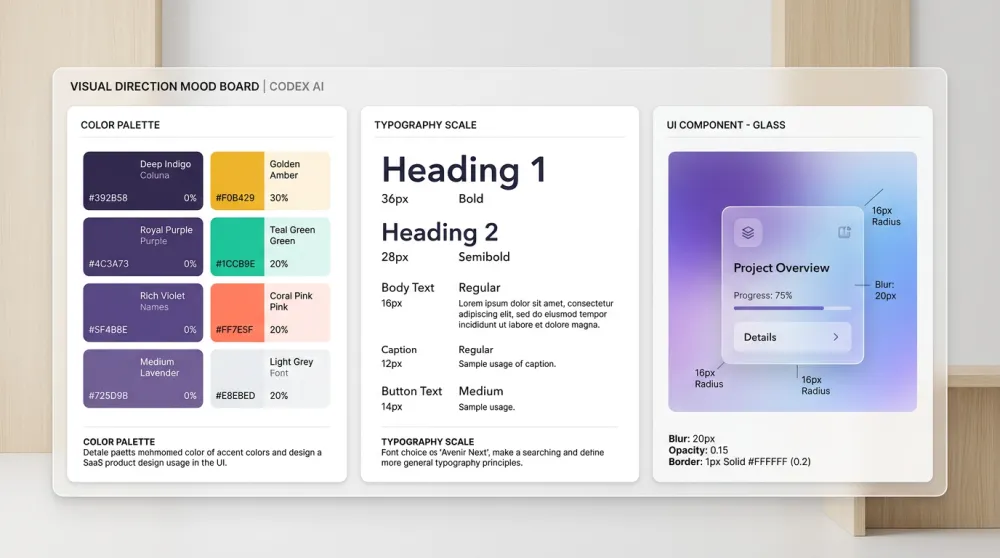 UX design direction mood board with color palette, typography scale and glassmorphism UI materials created with Codex AI