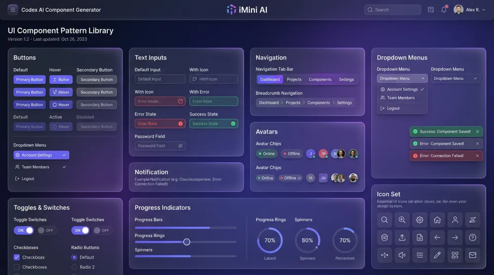 AI-generated UI component pattern library showing buttons, inputs, cards and icons in a consistent purple-blue design system