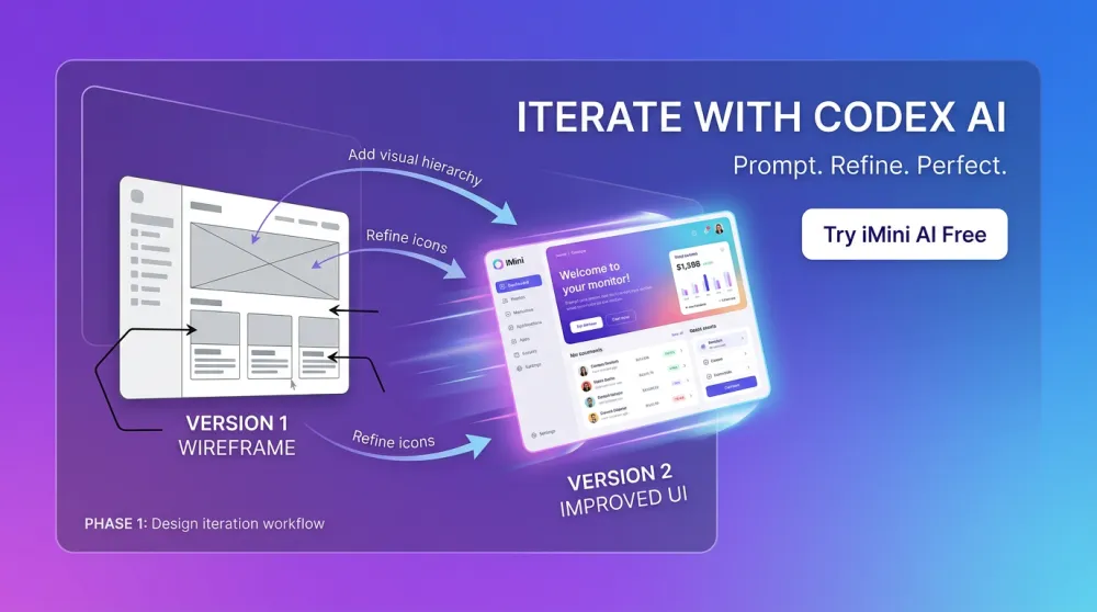 Codex AI design iteration loop showing prompt refinement from Version 1 wireframe to improved V2 UI on iMini AI canvas
