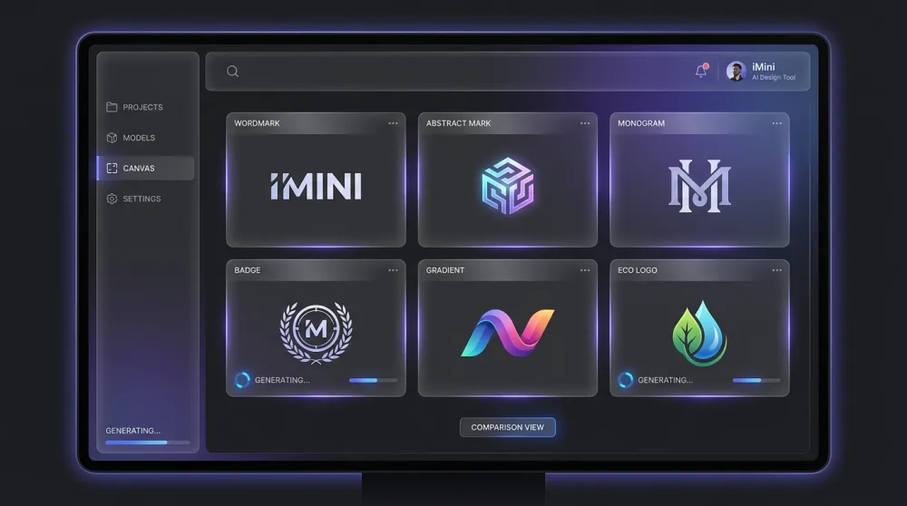 iMini AI canvas showing multiple logo concepts side by side for comparison