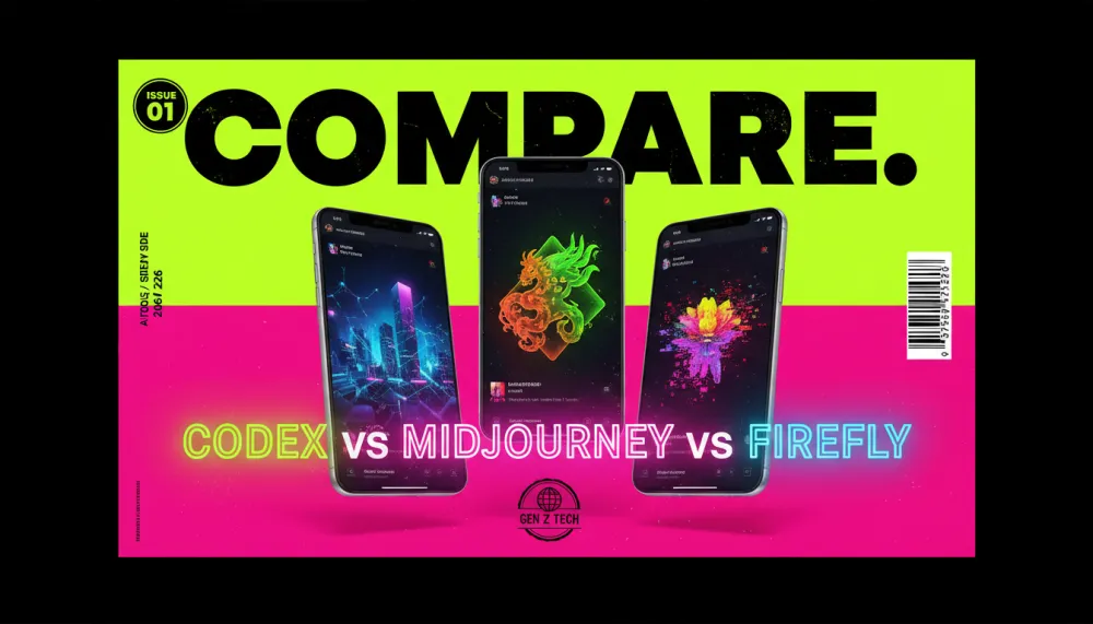 Side-by-side AI tool comparison: Codex AI, Midjourney, Adobe Firefly
